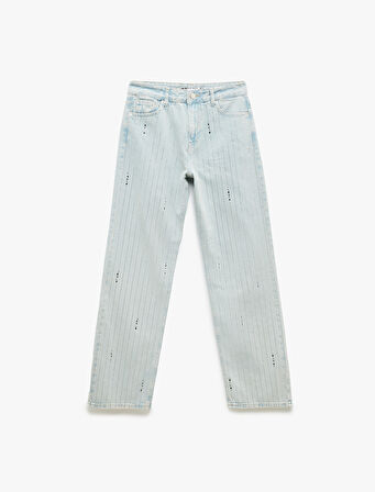 Taş Detaylı Düz Paça Düğmeli Pamuklu Jean Pantolon - Straight Fit Jean