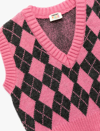 Baklava Desenli V Yaka Yumuşak Dokulu Süveter 