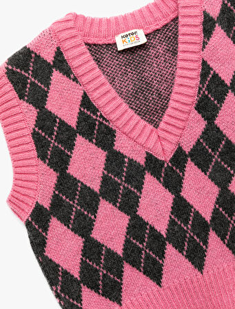 Baklava Desenli V Yaka Yumuşak Dokulu Süveter 