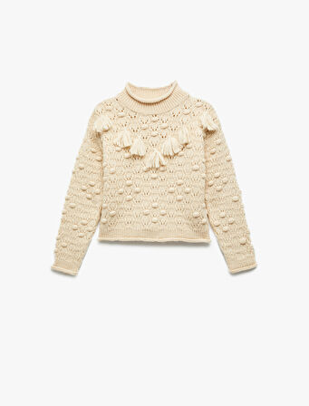 Dik Yaka Uzun Kollu Püsküllü Triko Kazak