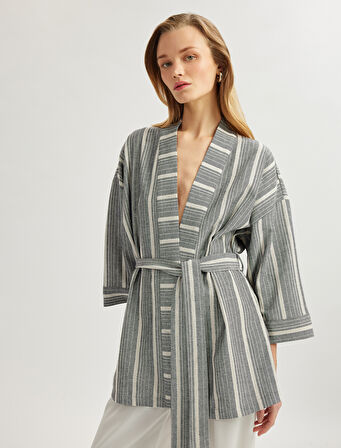 Pamuklu Rahat Kalıp Kemerli 3/4 Geniş Kol Uzun Kimono