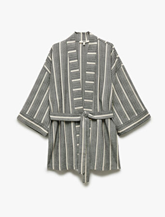 Pamuklu Rahat Kalıp Kemerli 3/4 Geniş Kol Uzun Kimono