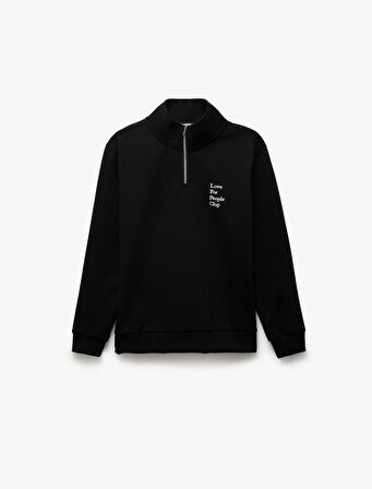 Uzun Kollu İşlemeli İnterlok Kumaş Yarım Fermuarlı Sweatshirt