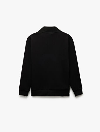 Uzun Kollu İşlemeli İnterlok Kumaş Yarım Fermuarlı Sweatshirt