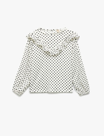 Puantiyeli Fırfırlı Bisiklet Yaka Uzun Kollu Bluz