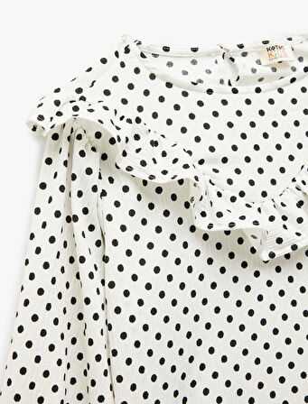 Puantiyeli Fırfırlı Bisiklet Yaka Uzun Kollu Bluz