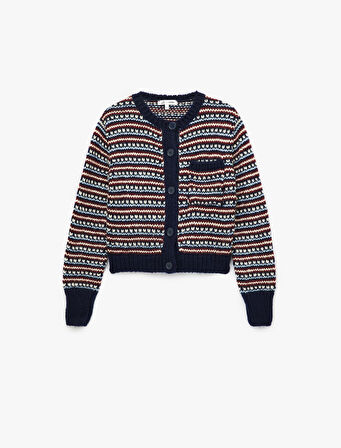 Düğmeli Cep Detaylı Uzun Kollu Bisiklet Yaka Kalpli Triko Hırka