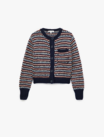 Düğmeli Cep Detaylı Uzun Kollu Bisiklet Yaka Kalpli Triko Hırka