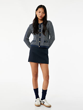 Cep Detaylı Düğmeli Uzun Kollu Bisiklet Yaka Triko Hırka