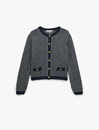 Cep Detaylı Düğmeli Uzun Kollu Bisiklet Yaka Triko Hırka