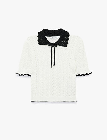 Kısa Kollu Bebe Yaka Fiyonklu Ajurlu Triko Kazak