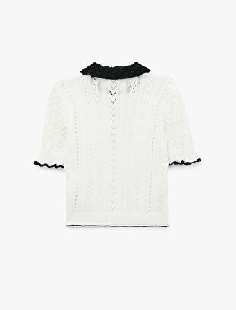 Kısa Kollu Bebe Yaka Fiyonklu Ajurlu Triko Kazak