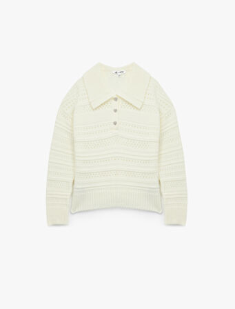 Ajurlu Uzun Kollu Taşlı Düğmeli Polo Yaka Triko Kazak