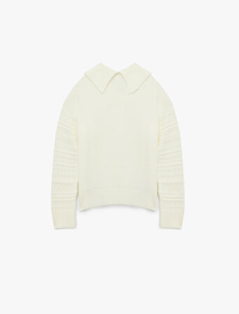 Ajurlu Uzun Kollu Taşlı Düğmeli Polo Yaka Triko Kazak