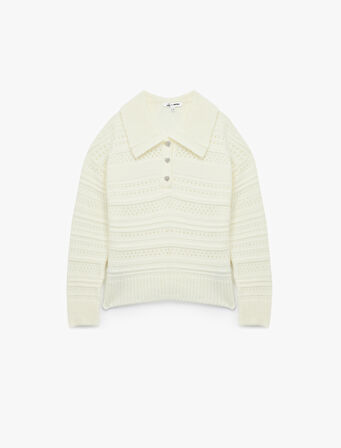 Ajurlu Uzun Kollu Taşlı Düğmeli Polo Yaka Triko Kazak