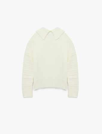 Ajurlu Uzun Kollu Taşlı Düğmeli Polo Yaka Triko Kazak