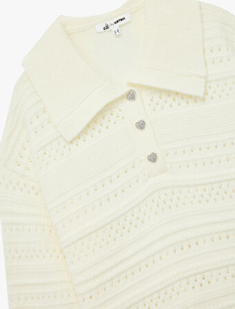 Ajurlu Uzun Kollu Taşlı Düğmeli Polo Yaka Triko Kazak