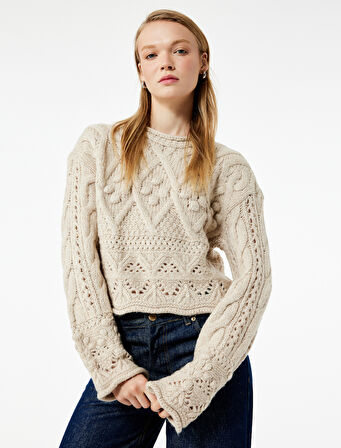 Bisiklet Yaka Uzun Kollu Örgü Dokulu Triko Crop Kazak