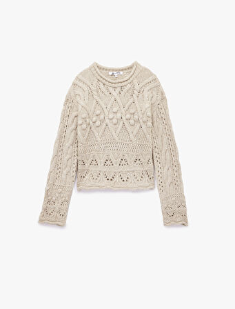 Bisiklet Yaka Uzun Kollu Örgü Dokulu Triko Crop Kazak