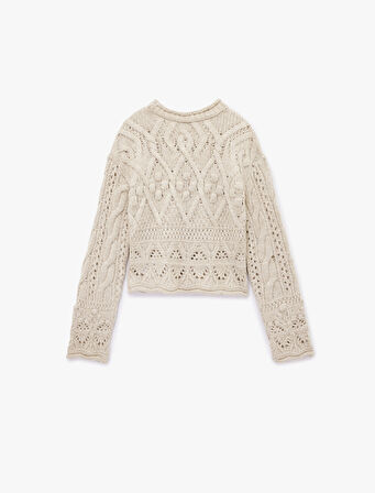 Bisiklet Yaka Uzun Kollu Örgü Dokulu Triko Crop Kazak