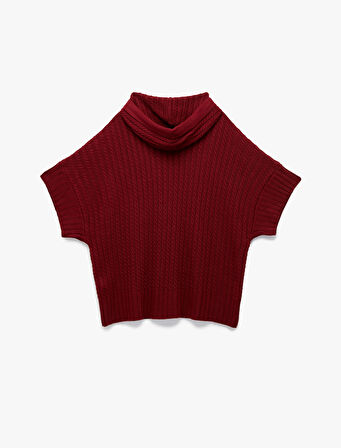 Geniş Kısa Kollu Kapüşonlu Saç Örgüsü Dokulu Triko Oversize Panço