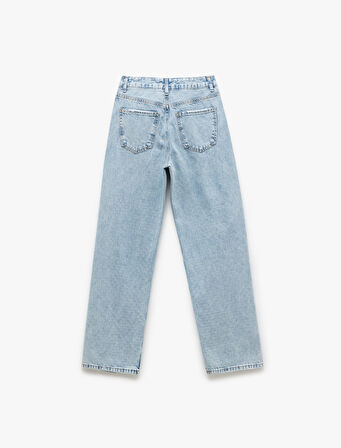Pamuklu Yıpratma Detaylı Taşlı Straight Fit Jean Pantolon -  Longer Straight Fit Jean