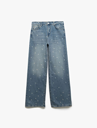 Kalp Baskılı Normal Paça Pamuklu Bol Kalıp Denim Pantolon - Loose Straight Fit Jean