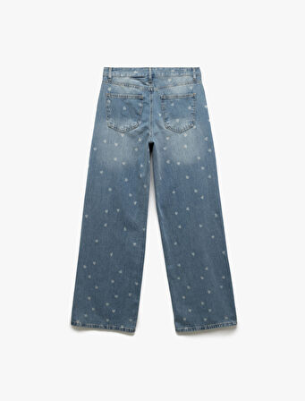 Kalp Baskılı Normal Paça Pamuklu Bol Kalıp Denim Pantolon - Loose Straight Fit Jean