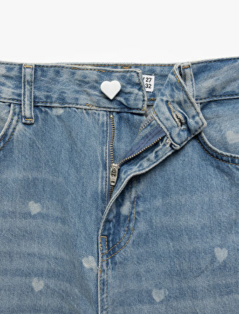 Kalp Baskılı Normal Paça Pamuklu Bol Kalıp Denim Pantolon - Loose Straight Fit Jean