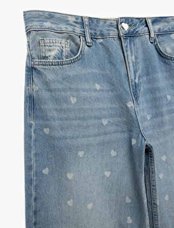 Kalp Baskılı Normal Paça Pamuklu Bol Kalıp Denim Pantolon - Loose Straight Fit Jean