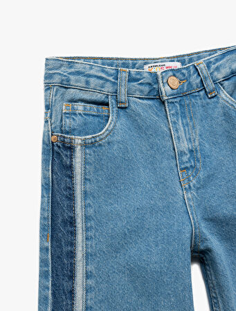 Pamuklu Renk Bloklu Geniş Paça Denim Pantolon
