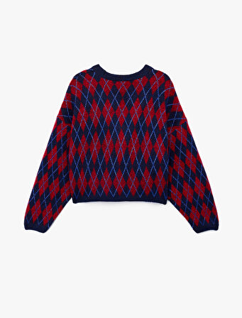 Düğmeli  V Yaka Bağcık Detaylı Geometrik Desenli Uzun Kollu Triko Hırka