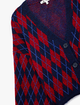 Düğmeli  V Yaka Bağcık Detaylı Geometrik Desenli Uzun Kollu Triko Hırka