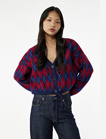 Düğmeli  V Yaka Bağcık Detaylı Geometrik Desenli Uzun Kollu Triko Hırka