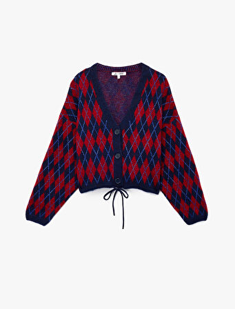 Düğmeli  V Yaka Bağcık Detaylı Geometrik Desenli Uzun Kollu Triko Hırka