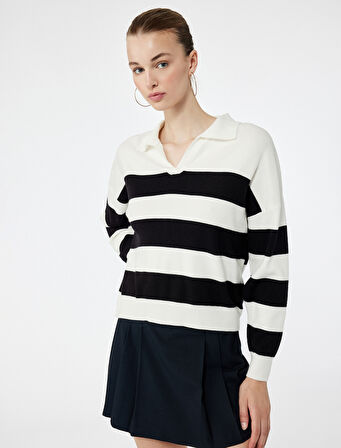 Uzun Kollu Polo Yaka Çizgili Triko Kazak