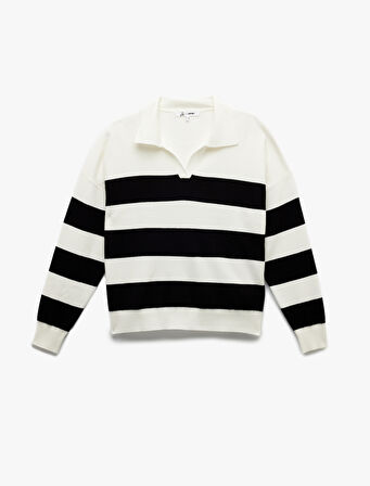 Uzun Kollu Polo Yaka Çizgili Triko Kazak