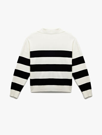 Uzun Kollu Polo Yaka Çizgili Triko Kazak