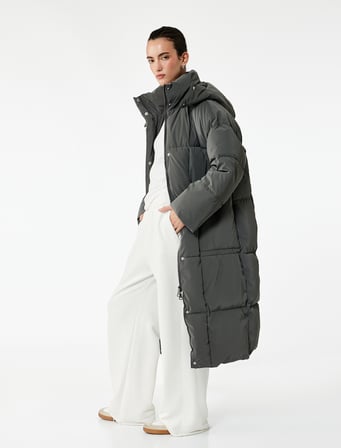 Çıkarılabilir Kapüşonlu Uzun Kollu Fermuarlı Su İtici Oversize Anorak Uzun Şişme Mont