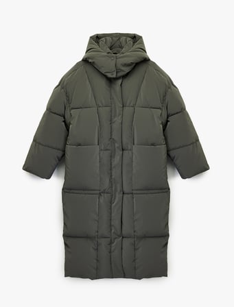 Çıkarılabilir Kapüşonlu Uzun Kollu Fermuarlı Su İtici Oversize Anorak Uzun Şişme Mont