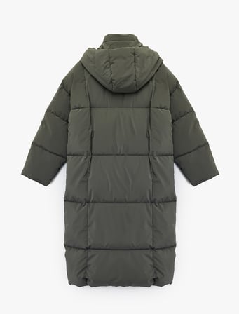Çıkarılabilir Kapüşonlu Uzun Kollu Fermuarlı Su İtici Oversize Anorak Uzun Şişme Mont