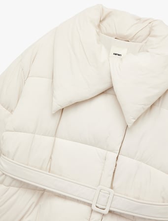 Uzun Kollu Cepli Fermuarlı Şal Yaka Kemerli Su İtici Anorak Şişme Mont