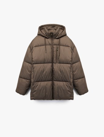Uzun Kollu Fermuarlı Kapüşonlu Anorak Oversize Şişme Mont