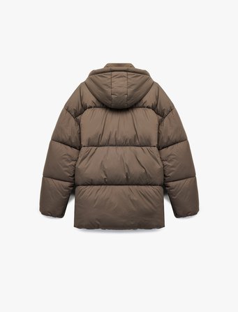 Uzun Kollu Fermuarlı Kapüşonlu Anorak Oversize Şişme Mont