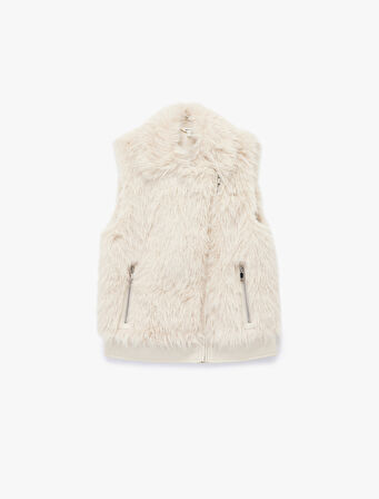 Kolsuz Fermuarlı Cepli Crop Suni Kürk Yelek