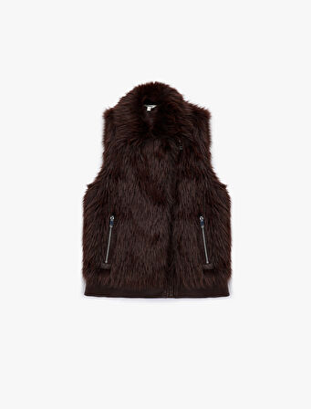 Kolsuz Fermuarlı Cepli Crop Suni Kürk Yelek