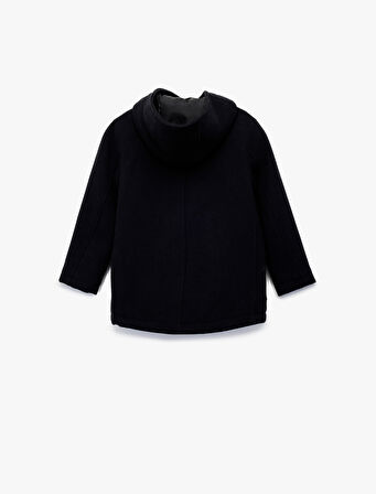 Kapşonlu Düğmeli Uzun Kollu Yün Karışımlı Kaban