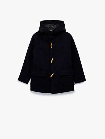 Kapşonlu Düğmeli Uzun Kollu Yün Karışımlı Kaban