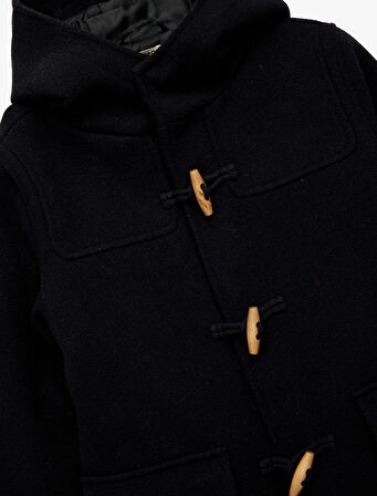 Kapşonlu Düğmeli Uzun Kollu Yün Karışımlı Kaban