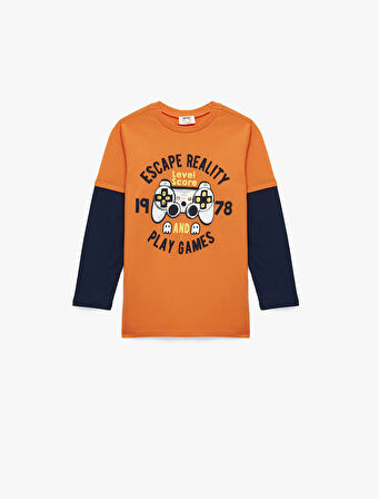 Uzun Kollu Pamuklu Bisiklet Yaka Baskılı Tişört